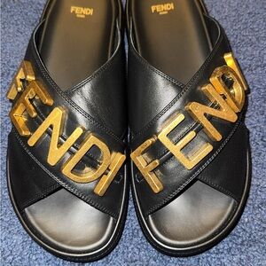 Fendi Black Slides with Gold Logo